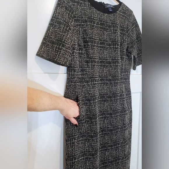 Lands' End Midi Dress Short Sleeves Pockets Stretch Size 12 Black Tan Print - Picture 5 of 16
